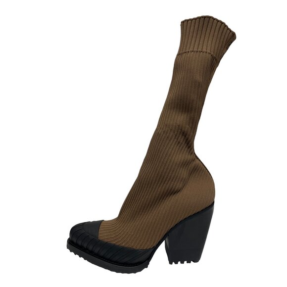 Chloe Shoes - CHLOE Brown Knit Logo Strap Leather Block Heels Rylee Sock Ankle Boots 39 US 9